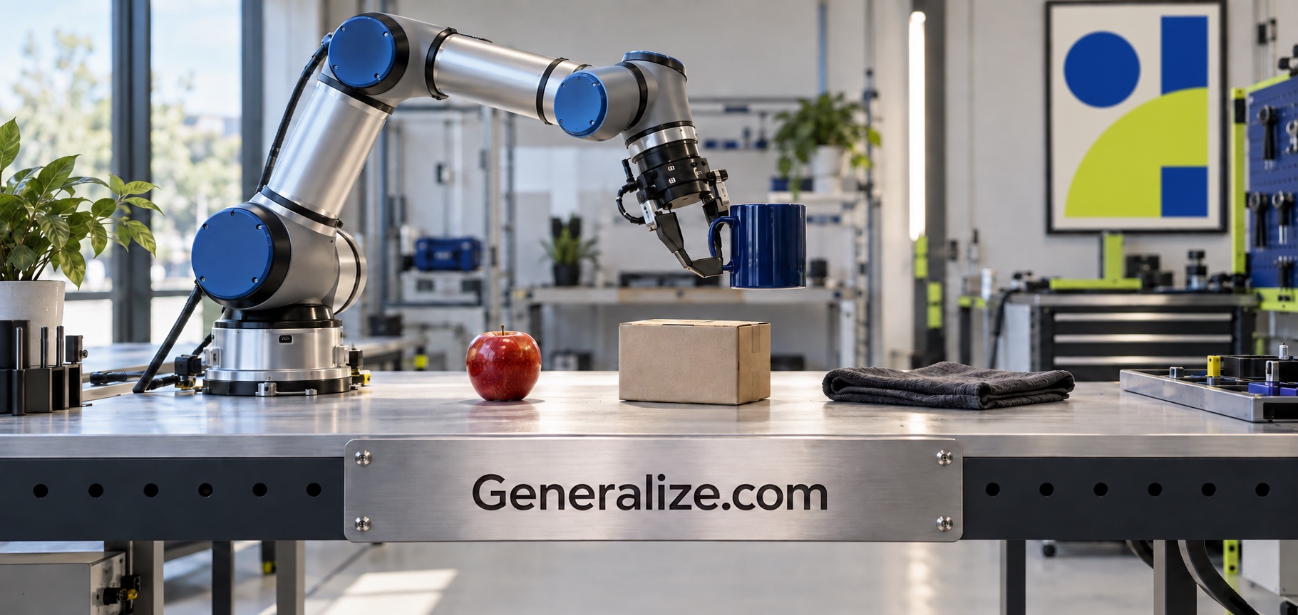 Robot arm exploring varied objects at a Generalize.com workbench