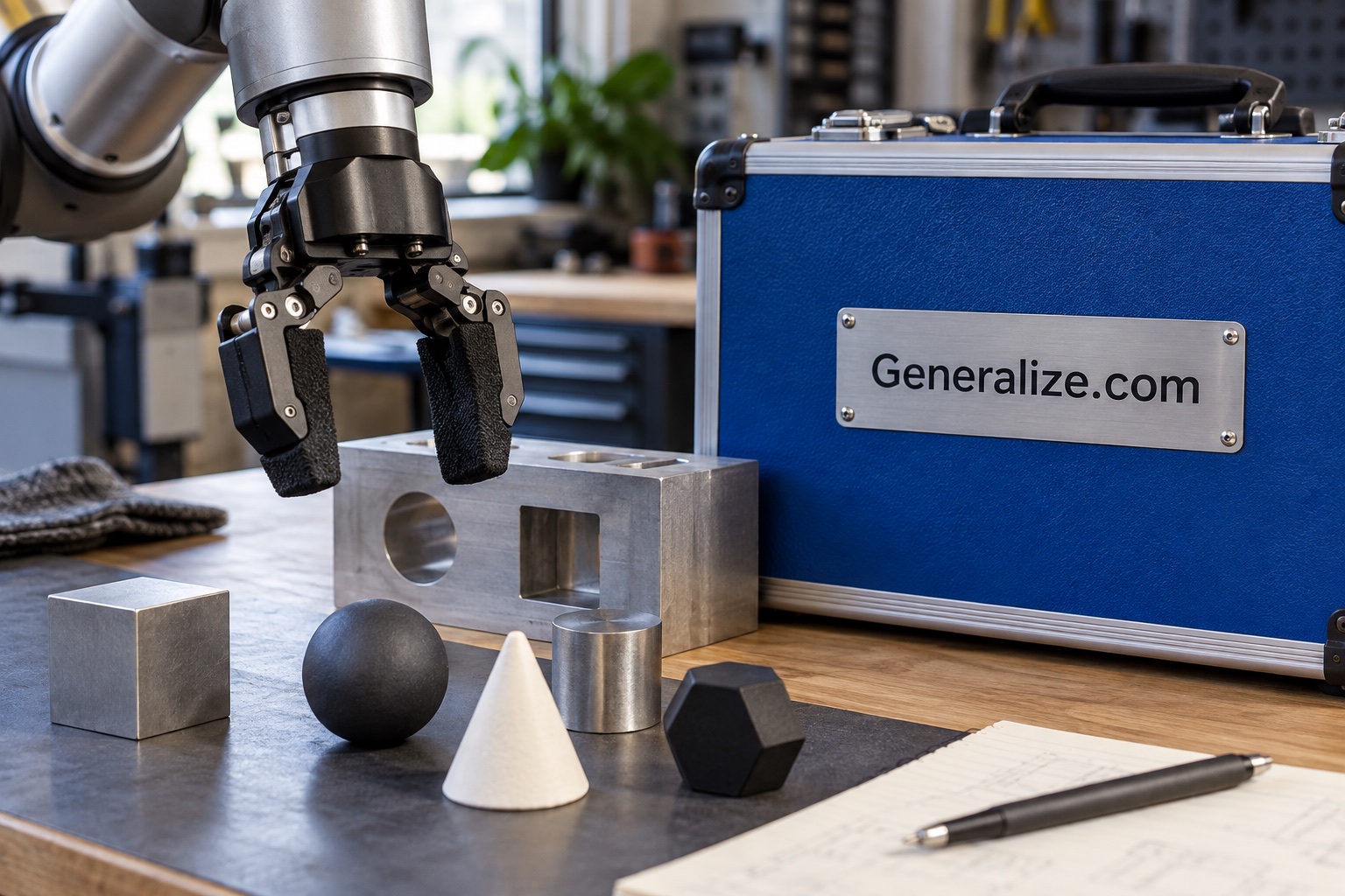 Generalize.com robotics research materials on a technical workbench